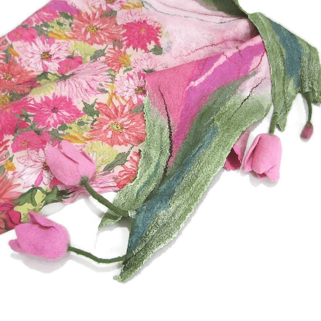 Scialle Bactus lana merino seta feltro Fatto a mano scialle infeltrimento fiori tulipani Sciarpa rosa donna Scialle Regalo unico