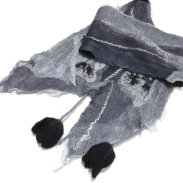 Sciarpa lana merino seta infeltrita fiori tulipani feltro Sciarpa colore grigio nero lunga calda donna fatto a mano regali unici per donne