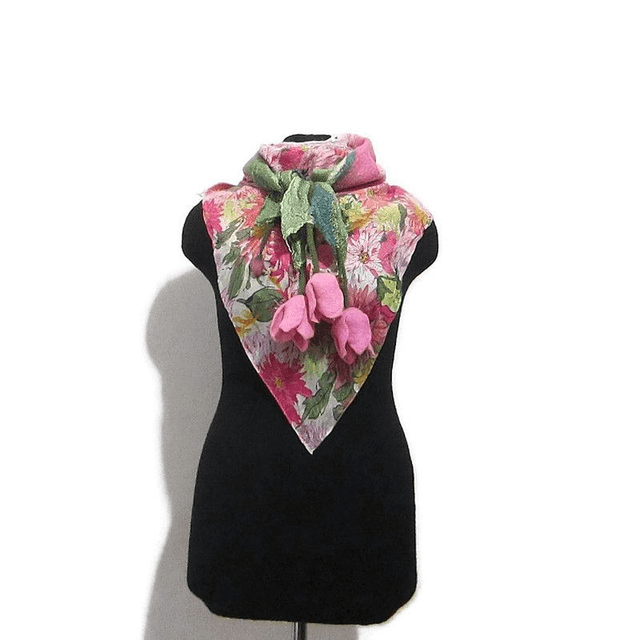Scialle Bactus lana merino seta feltro Fatto a mano scialle infeltrimento fiori tulipani Sciarpa rosa donna Scialle Regalo unico