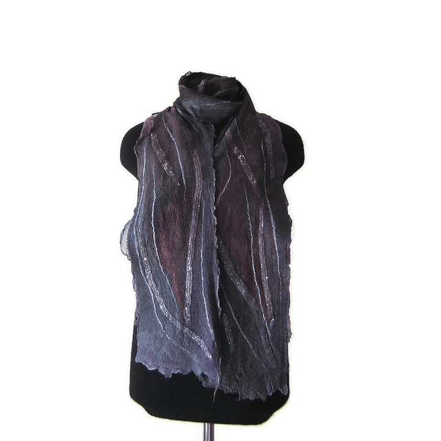 Sciarpa black gray burgundy seta lana infeltrita Sciarpa lunga calda Sciarpa fatto a mano regali unici per le donne