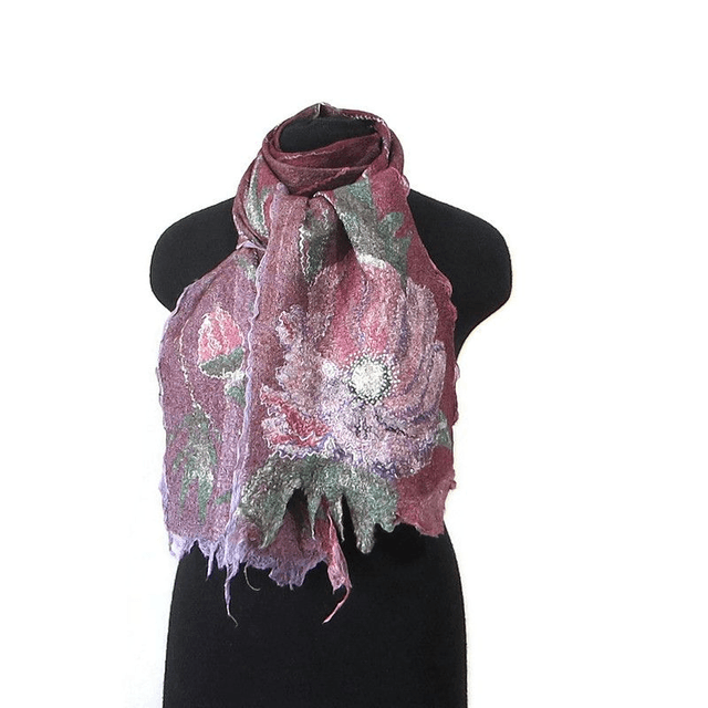 Sciarpa feltro lana merino seta Sciarpa artistica Caldo Sciarpa lunga Borgogna Infeltrimento fatto a mano regalo unico per le donne