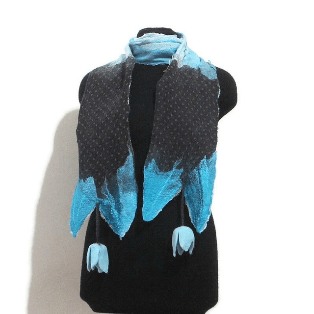 Sciarpa lana merino seta infeltrita fiori tulipani Sciarpa Fatto a mano Blu nero lunga donna regali unici donne regalo ragazza