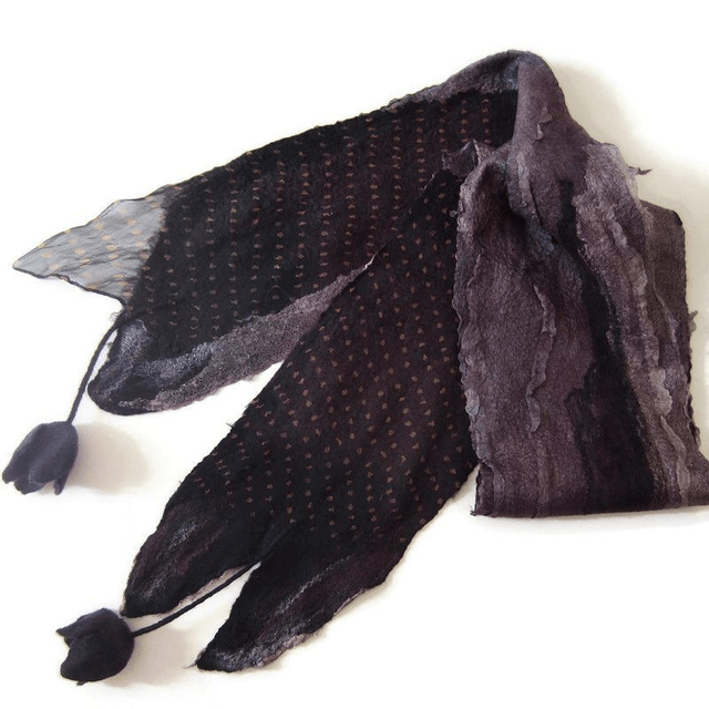 Sciarpa lana merino seta infeltrita fiori tulipani Sciarpa colore nero viola lunga calda donna fatto a mano regali unici per le donne