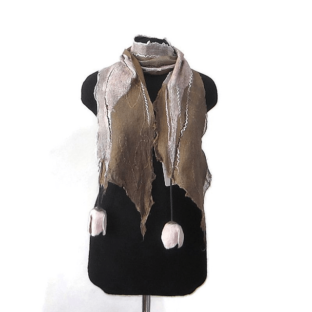Sciarpa lana merino seta infeltrita fiori tulipani Sciarpa marrone rosa lunga con paillettes donna fatto a mano regali unici donne