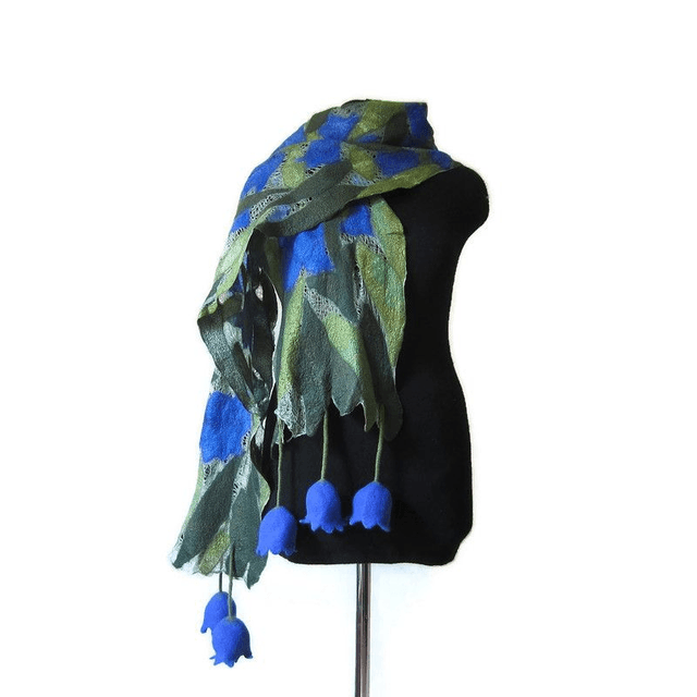 Sciarpa blu seta lana merino feltro Sciarpa fatta a mano infeltrimento fiori Sciarpa lunga calda Sciarpa donna Regali unici per lei