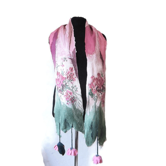 Sciarpa lana merino seta infeltrita fiori Sciarpa rosa lunga calda donna fatto a mano regali unici per le donne