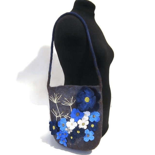 Borsa per donna fatta a mano Borsa a spalla in feltro di lana Borsa marrone blu regalo unica per le donne
