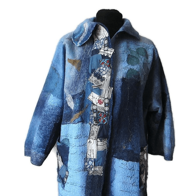 Cardigan Cappotto feltro lana merino seta blu Cappotto fatto a mano da donna Boho