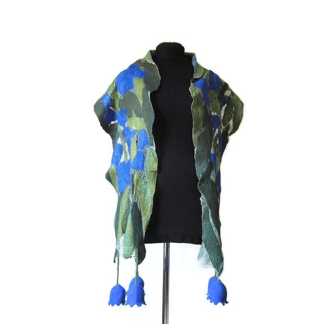 Sciarpa blu seta lana merino feltro Sciarpa fatta a mano infeltrimento fiori Sciarpa lunga calda Sciarpa donna Regali unici per lei