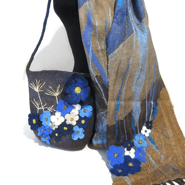 Borsa per donna fatta a mano Borsa a spalla in feltro di lana Borsa marrone blu regalo unica per le donne