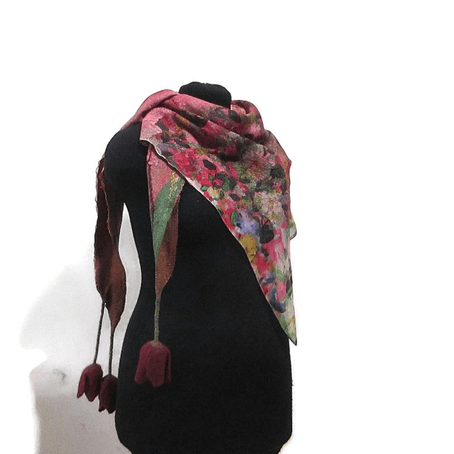 Scialle Bactus lana merino seta feltro Fatto a mano scialle Caldo infeltrimento fiori tulipani Sciarpa rosso donna Scialle Regalo unico