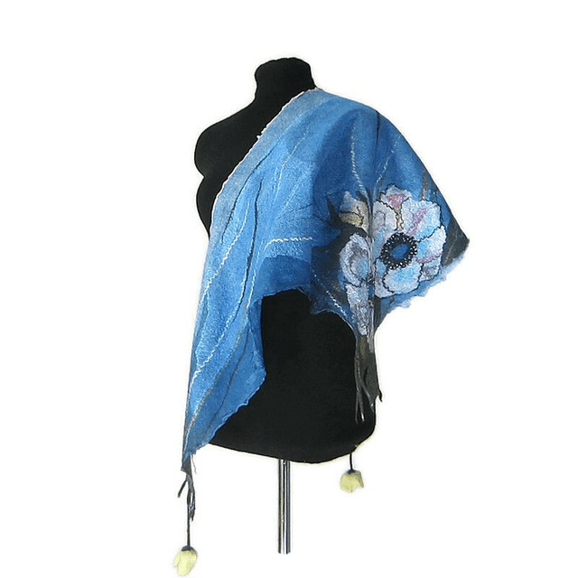 Scialle lana merino seta Scialle feltro fiori di lana fatto a mano bactus infeltrimento warm blue donna Regalo unico per le donne