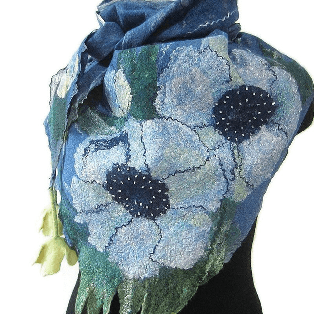 Scialle lana merino seta perline Scialle feltro fiori di lana fatto a mano bactus infeltrimento blu donna Regalo unico per le donne