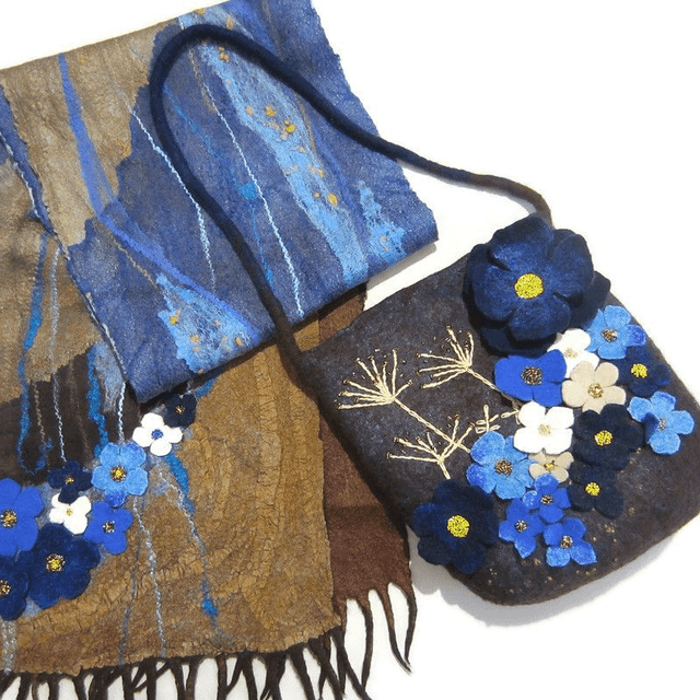 Borsa per donna fatta a mano Borsa a spalla in feltro di lana Borsa marrone blu regalo unica per le donne