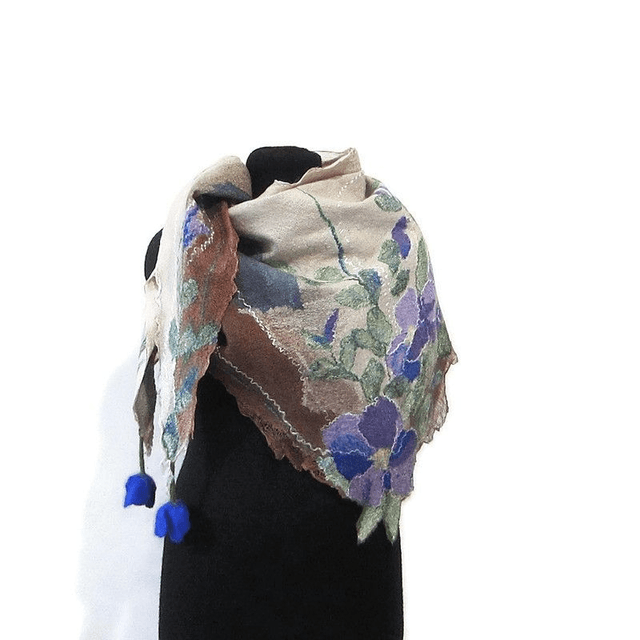 Scialle lana merino seta Scialle feltro fiori di lana fatto a mano bactus infeltrimento marrone beige donna Regalo unico per le donne