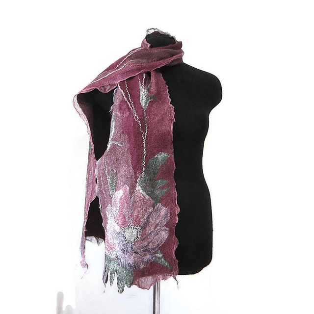 Sciarpa feltro lana merino seta Sciarpa artistica Caldo Sciarpa lunga Borgogna Infeltrimento fatto a mano regalo unico per le donne