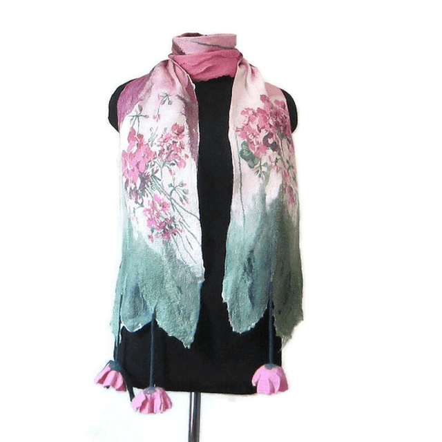 Sciarpa lana merino seta infeltrita fiori Sciarpa rosa lunga calda donna fatto a mano regali unici per le donne