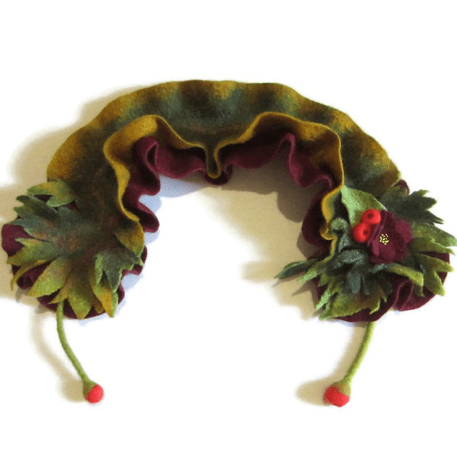 Sciarpa collo infeltrito lana merino infeltrita Sciarpa fatta a mano Sciarpa verde bordeaux Regali unici per lei Sciarpa donna