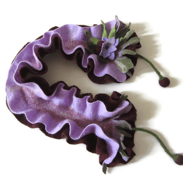 Scarf neckpiece felted wool merino felting Handmade Scarf lavender burgundy color Gift unique for her Scarf little Scarf women girls.