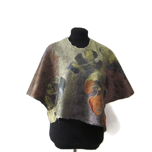 Art Poncho donna lana seta marrone foglie dorate feltro fatto a mano regali unici per le donne
