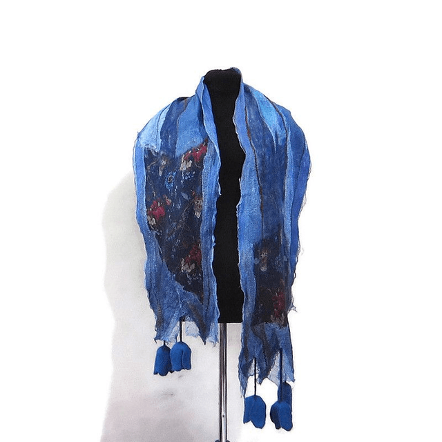 Sciarpa blu lana merino seta infeltrita Sciarpa lunga calda donna con fiori di tulipano feltro fatto a mano regali unici per le donne