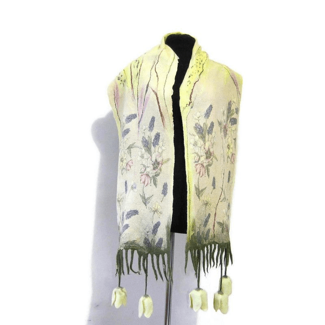 Sciarpa donna fatta a mano Sciarpa giallo tulipano infeltrita lana seta fiori Sciarpa lunga Regalo unico per lei