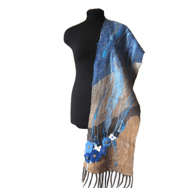 Sciarpa in feltro lana merino seta calda Sciarpa marrone blu lungo donne fatto a mano regalo per lei