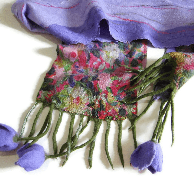 Sciarpa lana merino seta infeltrita fiori tulipani Sciarpa Fatto a mano viola lunga donna regali unici donne regalo ragazza Sciarpa bohémien