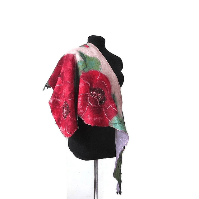 Scialle arte donna papaveri perline fiori feltro lana merino seta viscosa infeltrimento Scialle fatto a mano caldo rosso verde Regalo unico