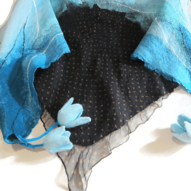 Scialle turchese nero Bactus lana merino seta feltro Fatto a mano Sciarpa infeltrito infeltrimento fiori donna Scialle Regalo unico ragazze