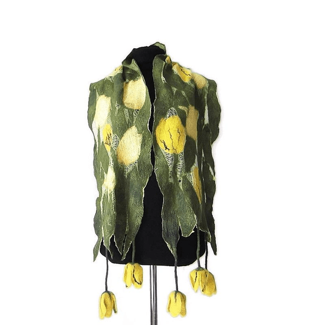 Sciarpa Giallo verde seta lana merino feltro Sciarpa fatta a mano infeltrimento fiori tulipani Sciarpa lunga calda donna Regalo unico