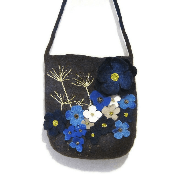 Borsa per donna fatta a mano Borsa a spalla in feltro di lana Borsa marrone blu regalo unica per le donne