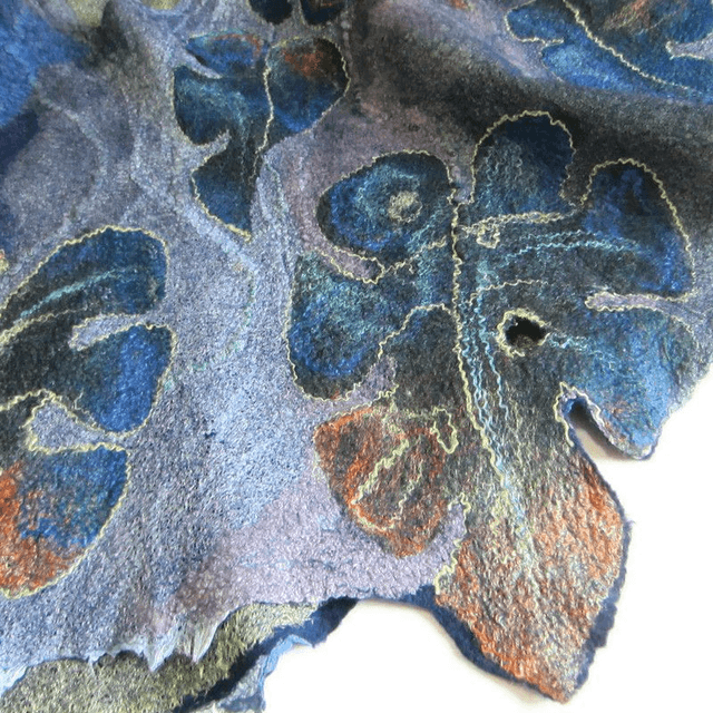 Art Poncho donna lana seta blu verde foglie dorate feltro fatto a mano regali unici per le donne