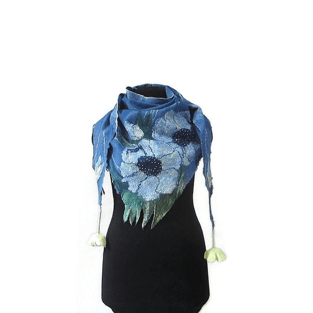 Scialle lana merino seta perline Scialle feltro fiori di lana fatto a mano bactus infeltrimento blu donna Regalo unico per le donne