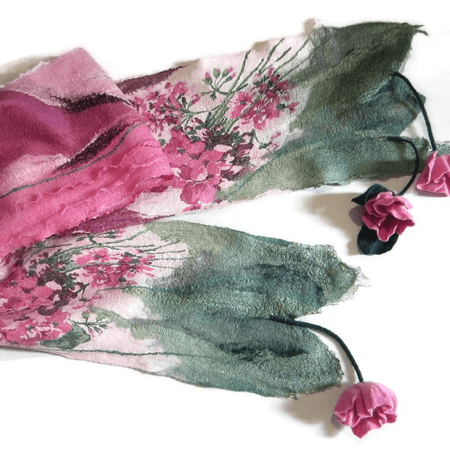 Sciarpa lana merino seta infeltrita fiori Sciarpa rosa lunga calda donna fatto a mano regali unici per le donne