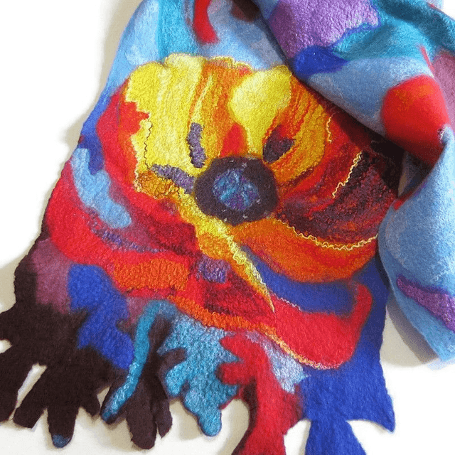 Arte Sciarpa feltro di lana merino seta Stola modello astratto giallo blu infeltrimento fatto a mano Sciarpa caldo regalo unico per le donne