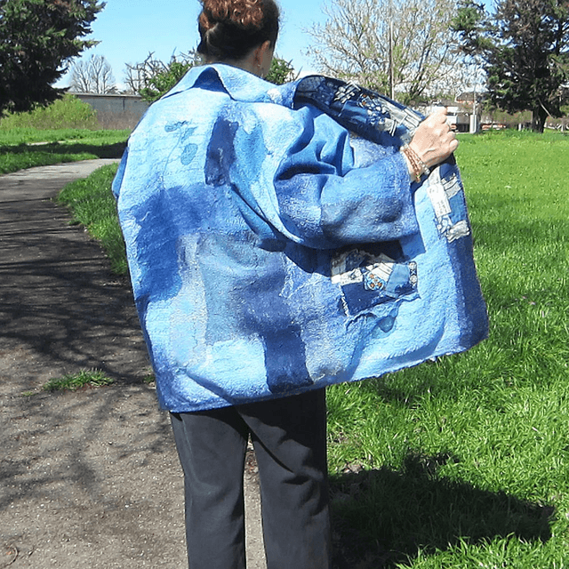 Cardigan Cappotto feltro lana merino seta blu Cappotto fatto a mano da donna Boho