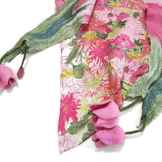 Scialle Bactus lana merino seta feltro Fatto a mano scialle infeltrimento fiori tulipani Sciarpa rosa donna Scialle Regalo unico