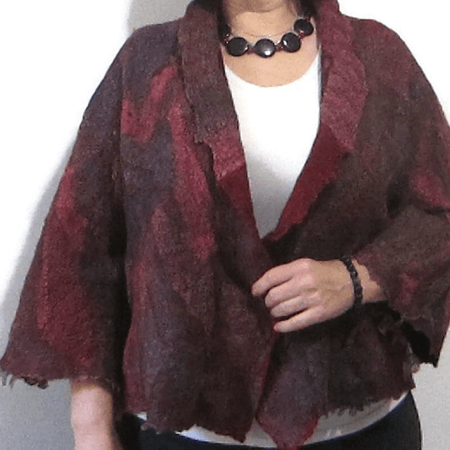 Cardigan feltro lana merino seta con paillettes morbido giacca infeltrimento giacca boho bordeaux fatta a mano calda per donna