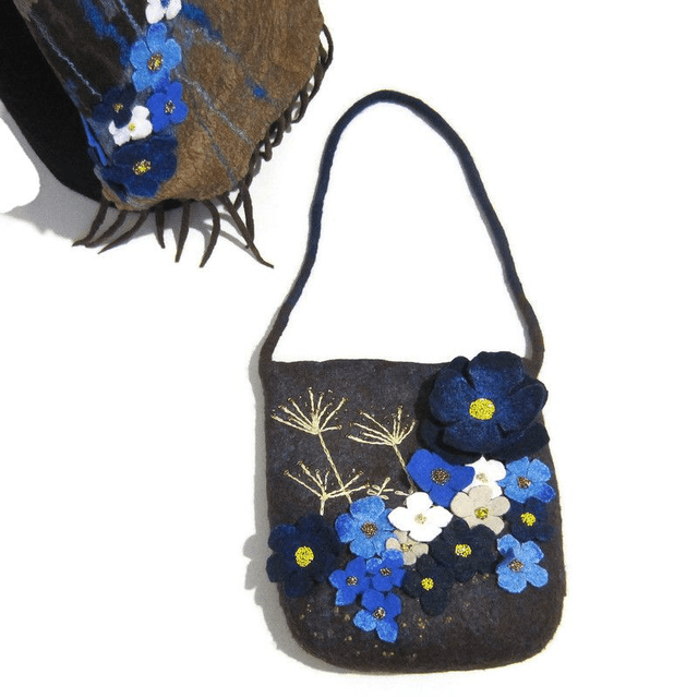 Borsa per donna fatta a mano Borsa a spalla in feltro di lana Borsa marrone blu regalo unica per le donne