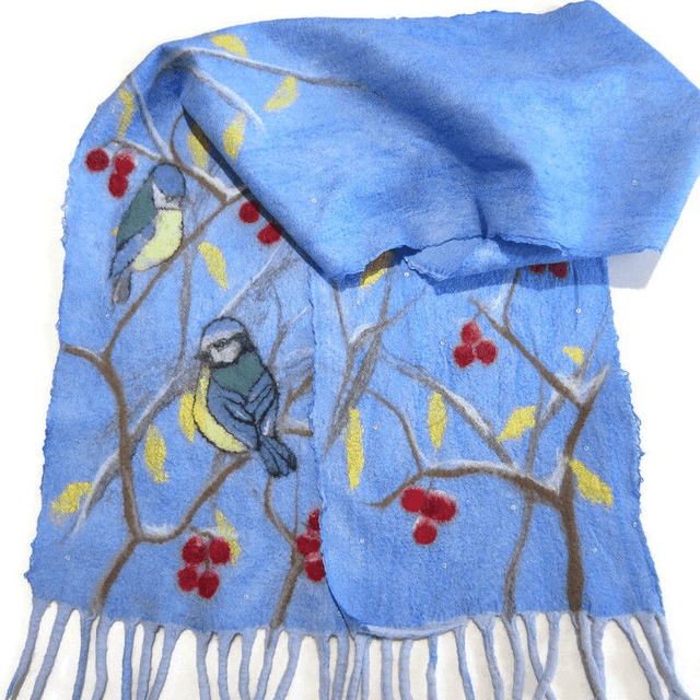 Sciarpa Donne feltro blu lana merino seta calda Sciarpa lungo paillettes regalo per donna infeltrita fatta a mano