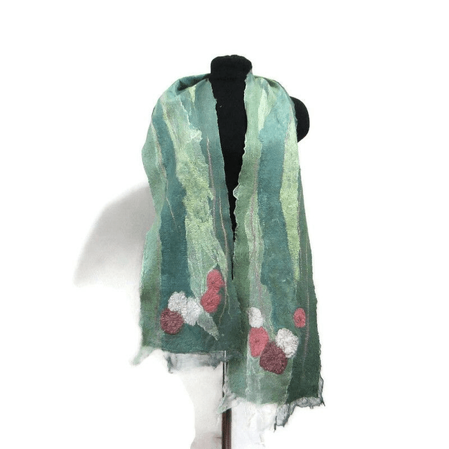 Sciarpa Donna Feltro Verde Lana Merino Seta Sciarpa Con Paillettes infeltrita fatto a mano