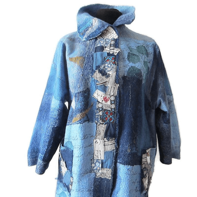 Cardigan Cappotto feltro lana merino seta blu Cappotto fatto a mano da donna Boho