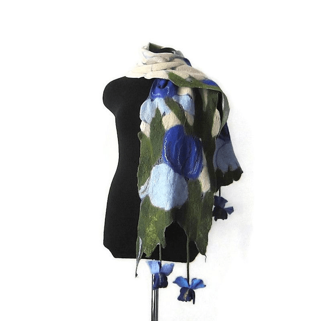 Sciarpa Beige verde seta lana merino feltro Sciarpa fatta a mano infeltrimento fiori Iris Sciarpa lunga calda donna Regalo unico