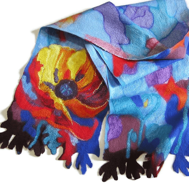 Arte Sciarpa feltro di lana merino seta Stola modello astratto giallo blu infeltrimento fatto a mano Sciarpa caldo regalo unico per le donne