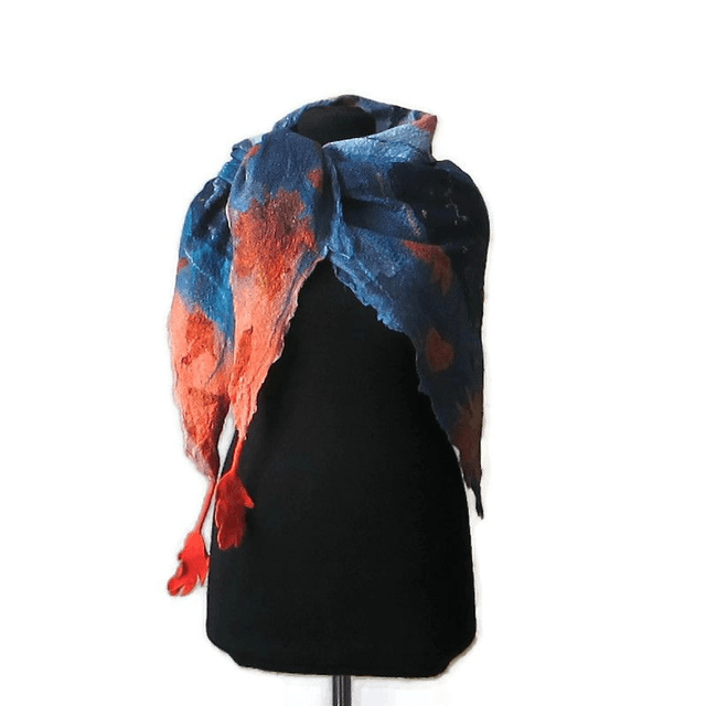 Shawl wool merino silk wrap warm Handmade felted shawl bactus felting blue women Unique gift for women