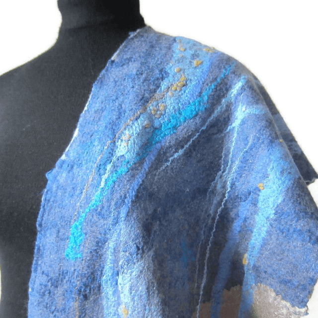 Sciarpa in feltro lana merino seta calda Sciarpa marrone blu lungo donne fatto a mano regalo per lei