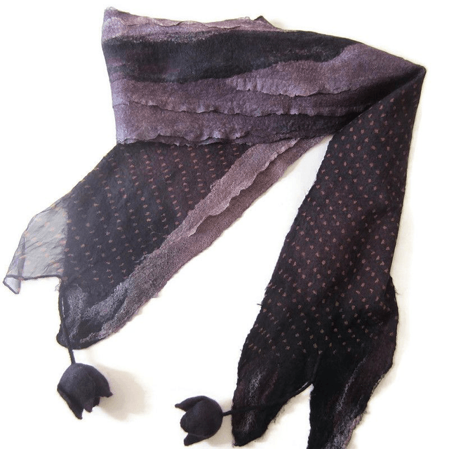 Sciarpa lana merino seta infeltrita fiori tulipani Sciarpa colore nero viola lunga calda donna fatto a mano regali unici per le donne