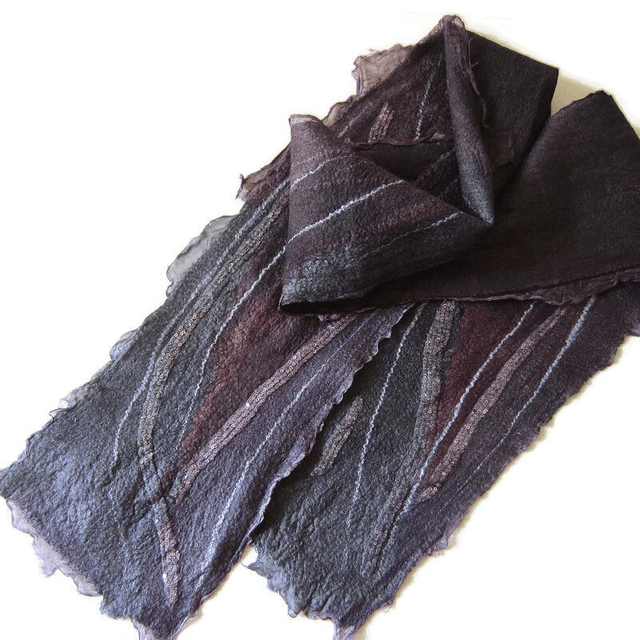 Sciarpa black gray burgundy seta lana infeltrita Sciarpa lunga calda Sciarpa fatto a mano regali unici per le donne