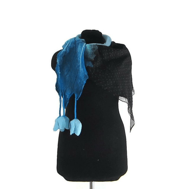 Scialle turchese nero Bactus lana merino seta feltro Fatto a mano Sciarpa infeltrito infeltrimento fiori donna Scialle Regalo unico ragazze